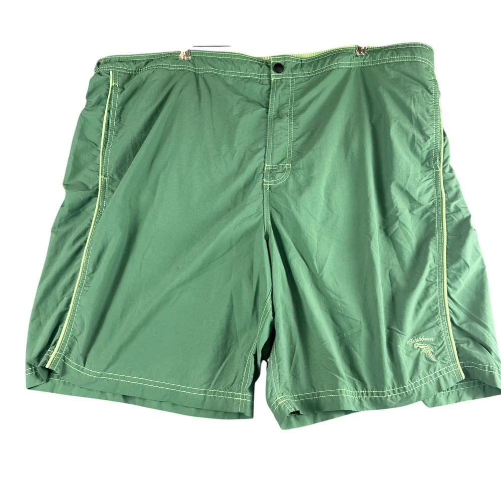 Caribbean Swimwear Mens Green Board Shorts Parrot Logo Mesh Lined Size 44